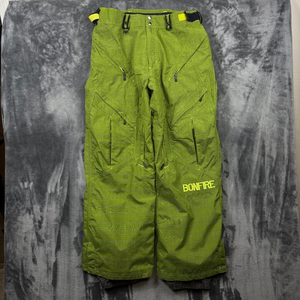 Bonfire Snow Pants Mens L Lime Green Plaid Snowboard Ski Technical Cargo